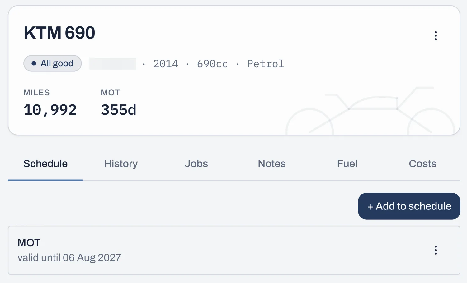 The schedule view in RidersGarage: bike summary card with MOT countdown and upcoming reminders