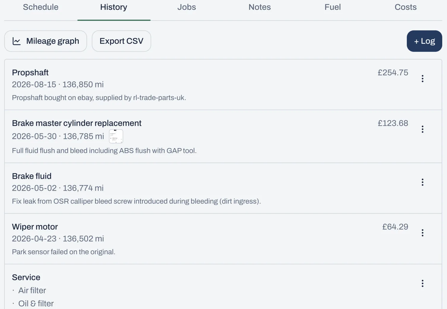 A car's service history in DriversGarage: MOT results and itemised services with costs